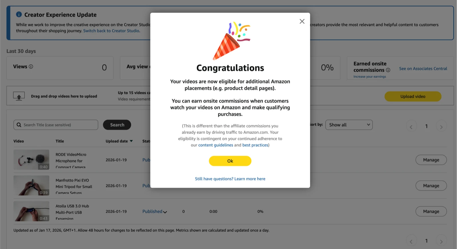 Message « Congratulations » d'Amazon : les vidéos deviennent éligibles aux fiches produits et aux commissions on-site, au-dessus des trois vidéos publiées le 19 janvier 2026